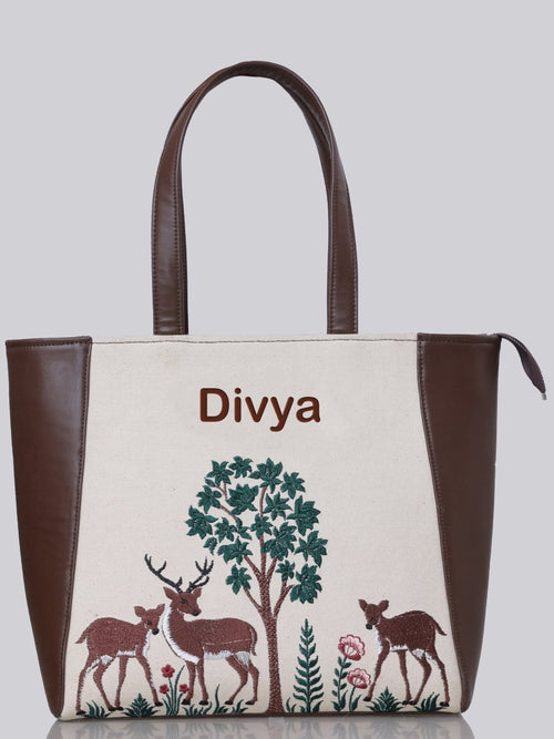 Deer Blossom Carryall Embroidered Tote