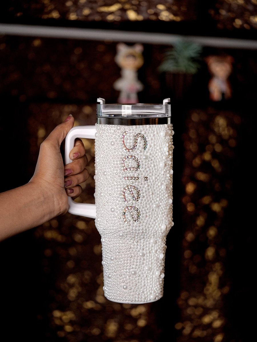 Pearl White Handmade Rhinestone Customized Tumbler